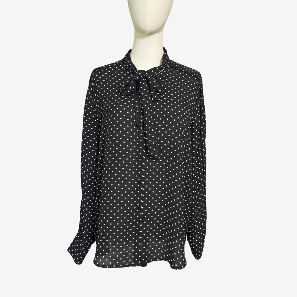 Who What Wear Black White Polka Dot Tie Neck Blouse XL Long Sleeve Office